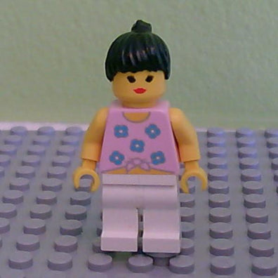 LEGO Minifigure-Blue Flowers - White Legs, Black Ponytail Hair-Town / Paradisa-PAR003-Creative Brick Builders